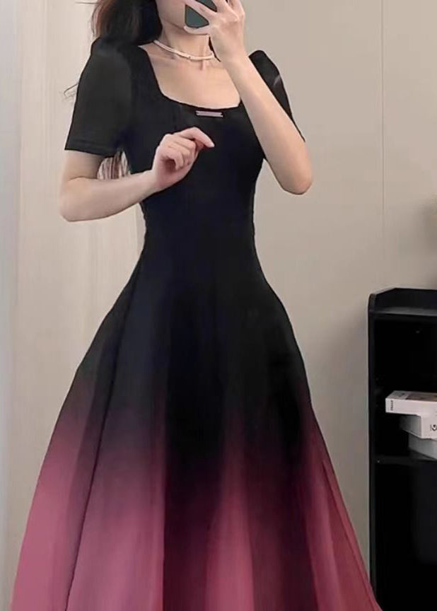 Black O-neck Gradient Color Long Dresses Short Sleeve Uu1059