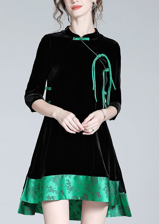 Black Stand Collar Print Low High Design Silk Velour Maxi Dresses Long Sleeve Ac3054