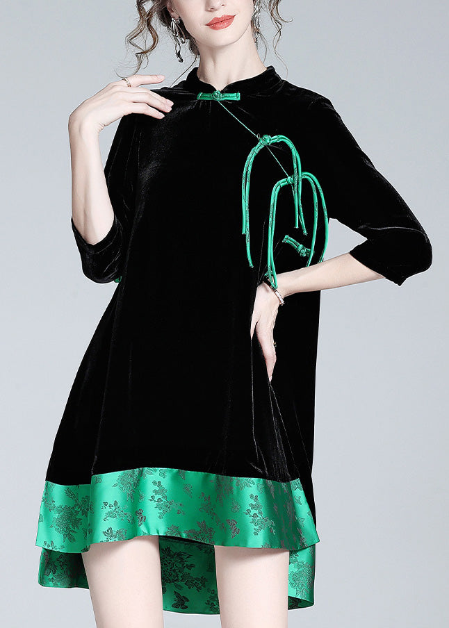 Black Stand Collar Print Low High Design Silk Velour Maxi Dresses Long Sleeve Ac3054