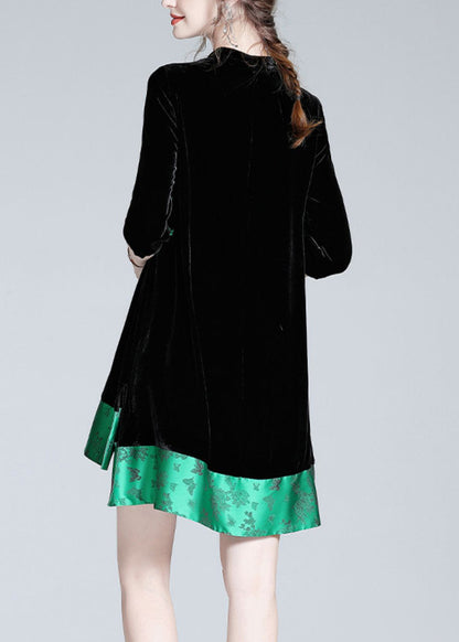 Black Stand Collar Print Low High Design Silk Velour Maxi Dresses Long Sleeve Ac3054