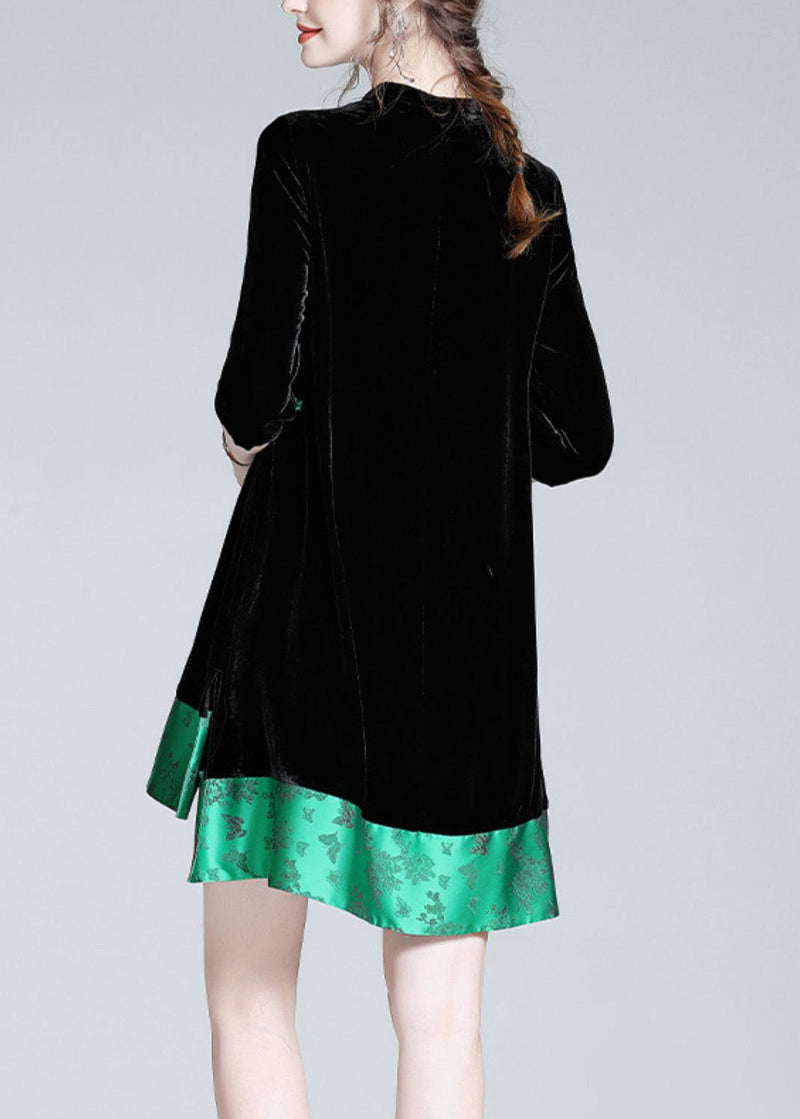 Black Stand Collar Print Low High Design Silk Velour Maxi Dresses Long Sleeve Ac3054