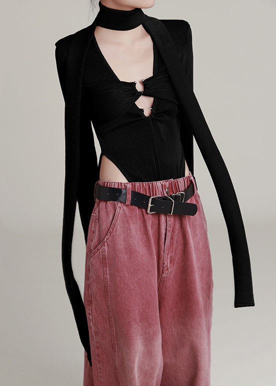 Black U Neck Hollow Out Knit Jumpsuit Long Sleeve Ab1040
