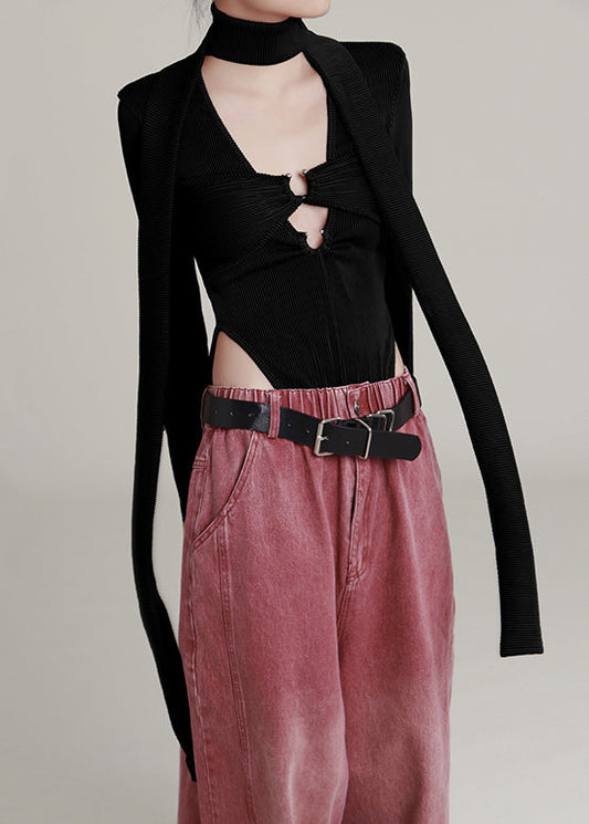Black U Neck Hollow Out Knit Jumpsuit Long Sleeve Ab1040