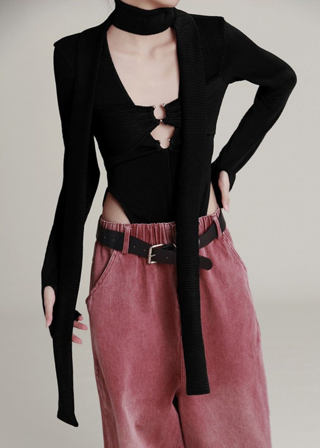 Black U Neck Hollow Out Knit Jumpsuit Long Sleeve Ab1040
