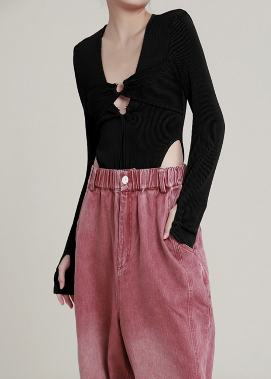 Black U Neck Hollow Out Knit Jumpsuit Long Sleeve Ab1040