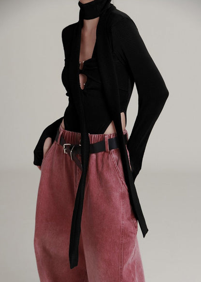 Black U Neck Hollow Out Knit Jumpsuit Long Sleeve Ab1040