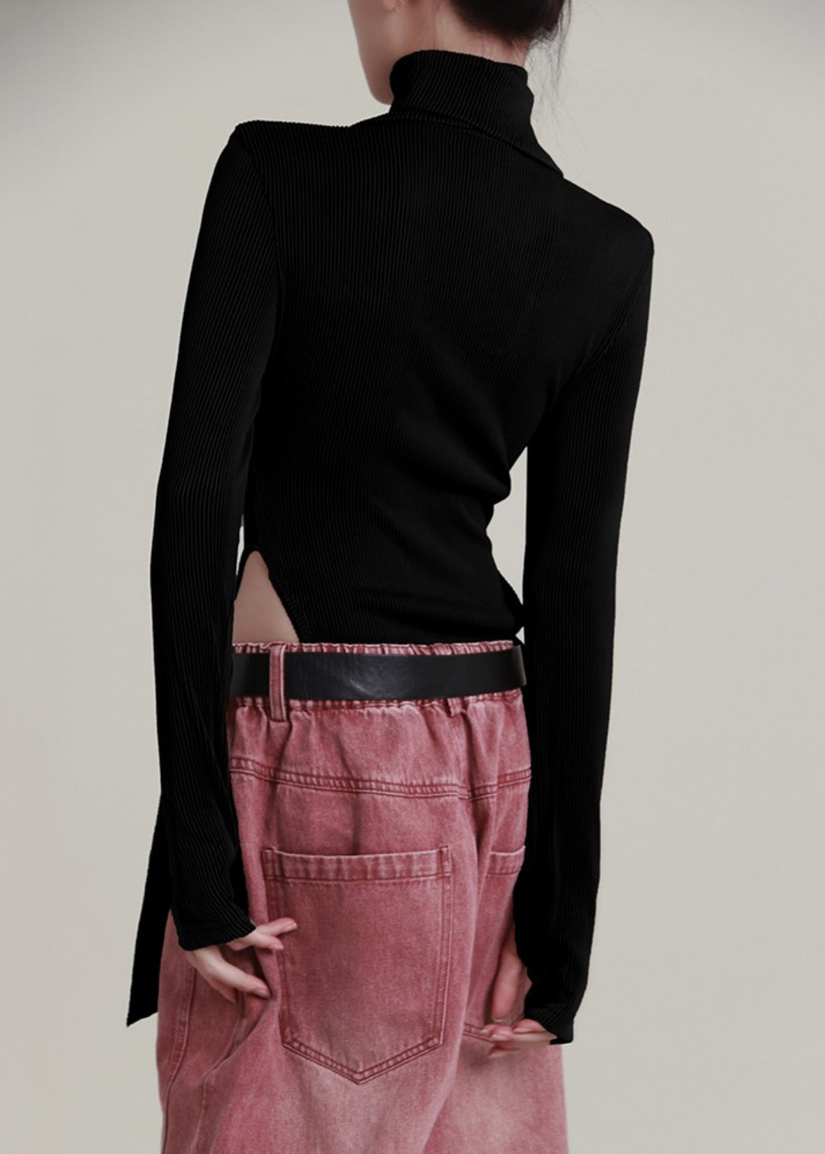 Black U Neck Hollow Out Knit Jumpsuit Long Sleeve Ab1040