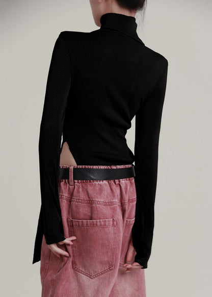 Black U Neck Hollow Out Knit Jumpsuit Long Sleeve Ab1040