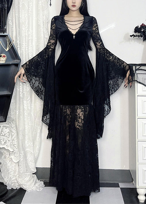 Black V Neck Lace Patchwork Silk Velvet Long Dresses Flare Sleeve Yt029