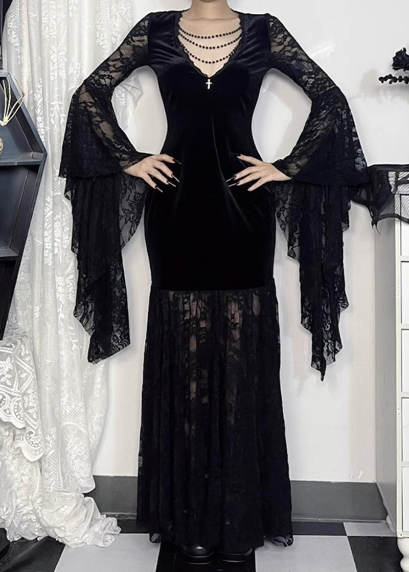 Black V Neck Lace Patchwork Silk Velvet Long Dresses Flare Sleeve Yt029