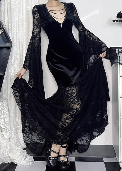 Black V Neck Lace Patchwork Silk Velvet Long Dresses Flare Sleeve Yt029