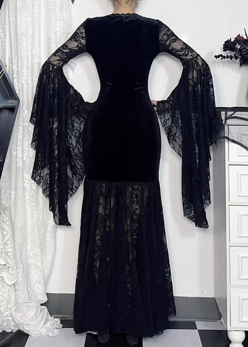 Black V Neck Lace Patchwork Silk Velvet Long Dresses Flare Sleeve Yt029