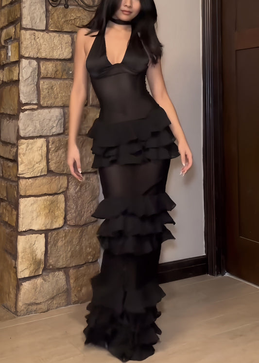 Black V Neck Ruffled Tulle Maxi Dresses Sleeveless Kk036