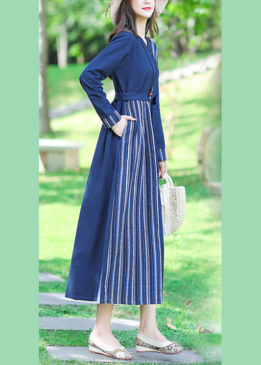 Blue V Neck Striped Patchwork Linen Long Dress Spring Lc0050