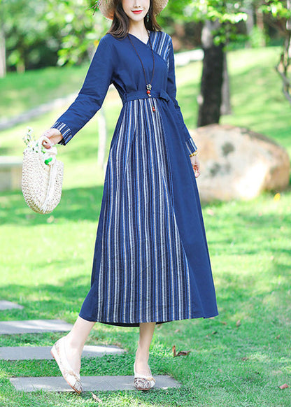 Blue V Neck Striped Patchwork Linen Long Dress Spring Lc0050