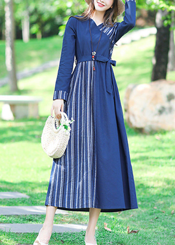 Blue V Neck Striped Patchwork Linen Long Dress Spring Lc0050
