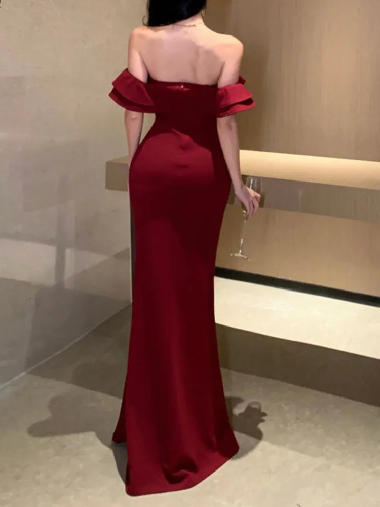 Bodycon Long Dresses for Wedding Evening Party Prom Robe Ruffles Slash Neck High Split Hollow Out Summer New Vestido