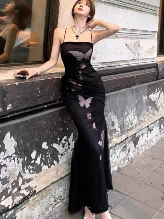 Bodycon Printed Mesh Long Dresses for Backless Summer New Korean Evening Party Female Vestidos