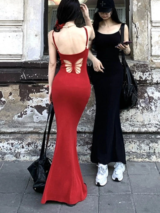 Bodycon Spaghetti Strap Long Dresses for Summer New Hollow Out Y2k Backless Prom Robe Party Dress