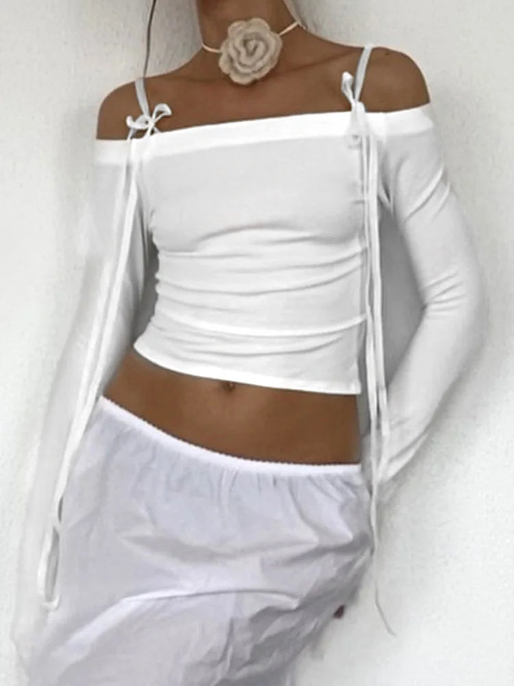 Bow Off Shoulder Skinny Tops for Autumn Winter Y2k Long Sleeve T-shirts Basic