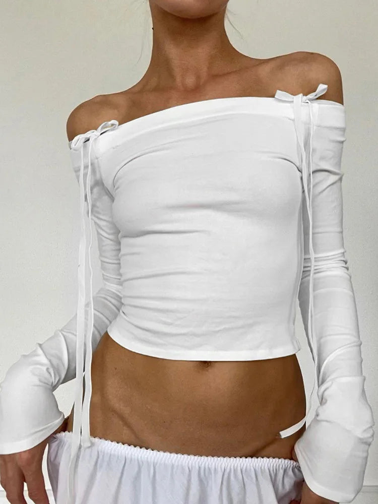 Bow Off Shoulder Skinny Tops for Autumn Winter Y2k Long Sleeve T-shirts Basic