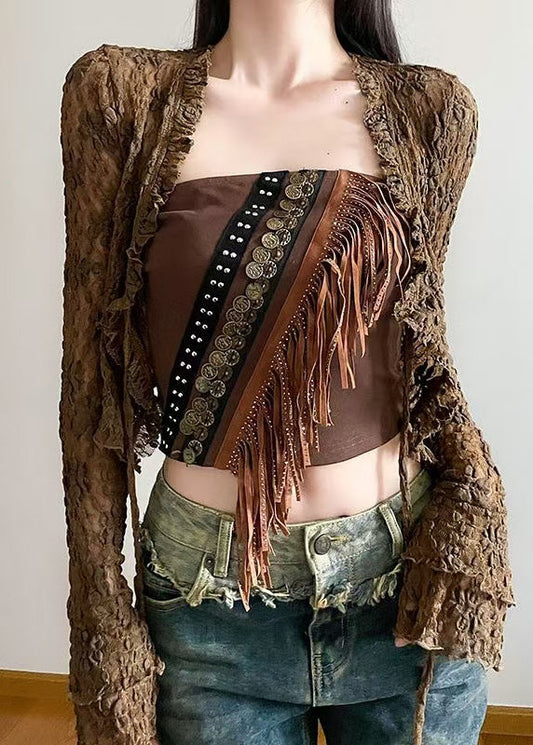 Two Brown and Up Tank Tasseled Cardigans Out Hollow Lace