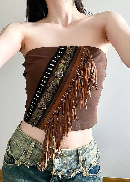 Two Brown and Up Tank Tasseled Cardigans Out Hollow Lace