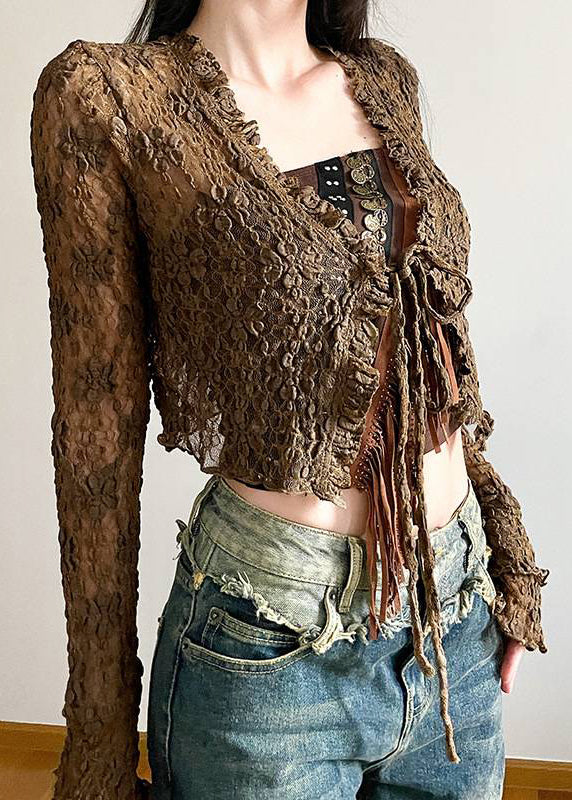 Two Brown and Up Tank Tasseled Cardigans Out Hollow Lace