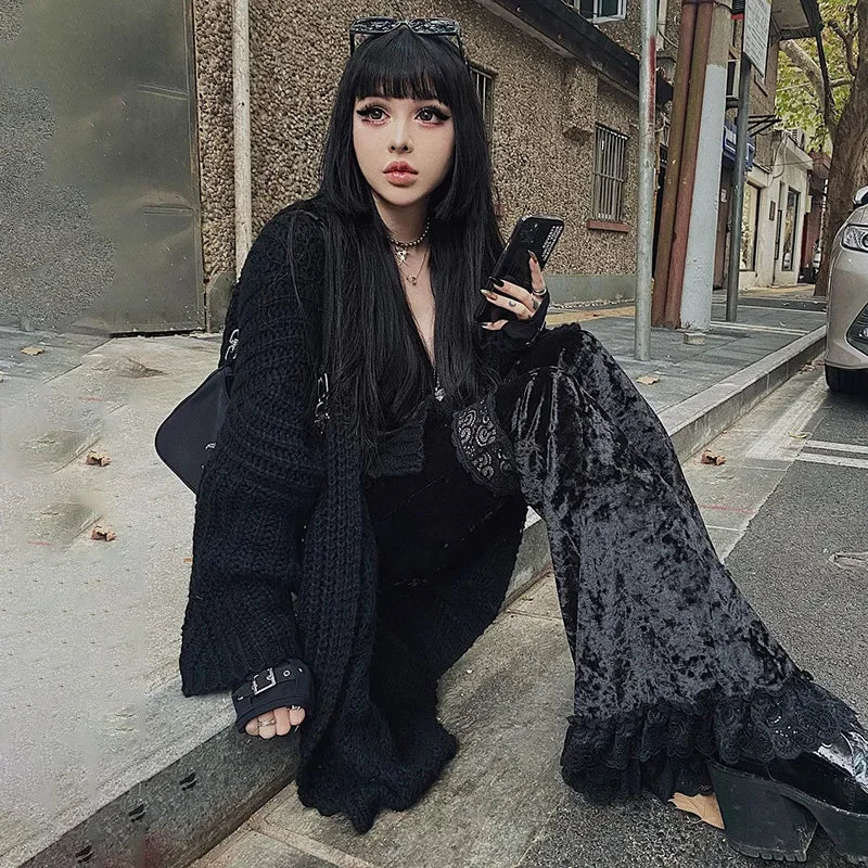 Patchwork Lace Flare Gothic Dark High Waist Loose New Suede Pants