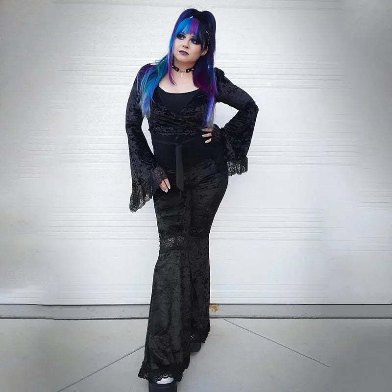 Patchwork Lace Flare Gothic Dark High Waist Loose New Suede Pants