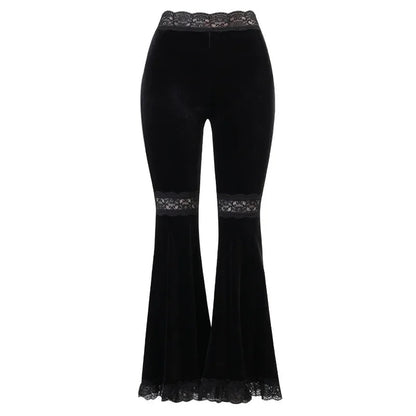 Patchwork Lace Flare Gothic Dark High Waist Loose New Suede Pants