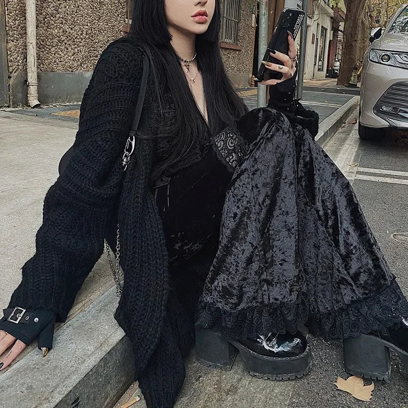 Patchwork Lace Flare Gothic Dark High Waist Loose New Suede Pants