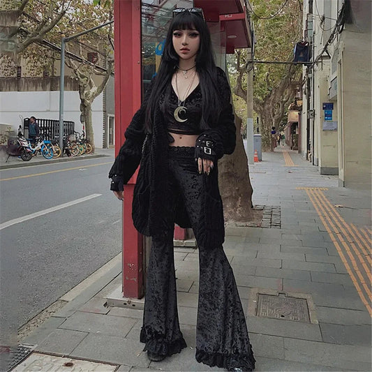 Patchwork Lace Flare Gothic Dark High Waist Loose New Suede Pants