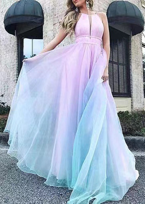 Gradient Color V Neck High Waist Tulle Maxi Dresses Sleeveless Ww1036