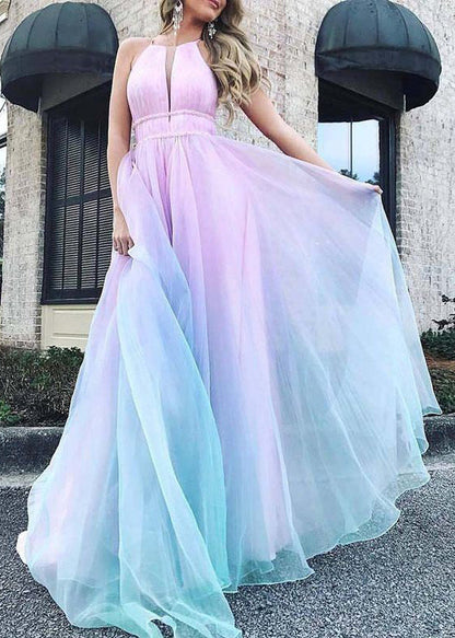 Gradient Color V Neck High Waist Tulle Maxi Dresses Sleeveless Ww1036
