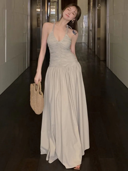 Halter Long Dresses for Slim A-line Holiday Beach Dress Sleeveless V-neck Korean New Spring Summer Clothing