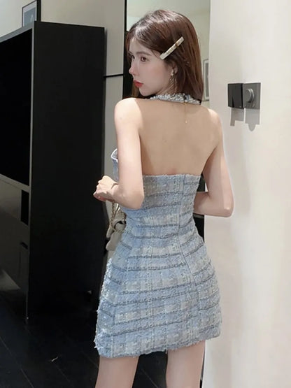 Halter Mini Dress Sleeveless Rhinestone Patchwork Shiny Slim Backless Evening Party Dresses Club Prom Vestido