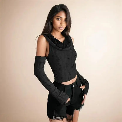 Hole Oversleeve Crop Top Aesthetic Black T-shirts Y2k Retro Hooded Tops Punk Tee Shirt Summer
