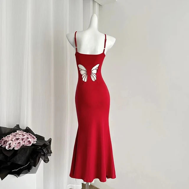 Hollow Butterfly Backless Dresses Y2k Summer Outfits Lady Red Maxi Dress Bodycon Birthday Party Club Sundress