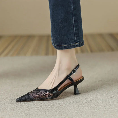 Lace Pointed Stiletto Summer New Back Empty Shoes Low Heel Pumps