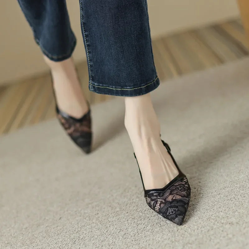 Lace Pointed Stiletto Summer New Back Empty Shoes Low Heel Pumps