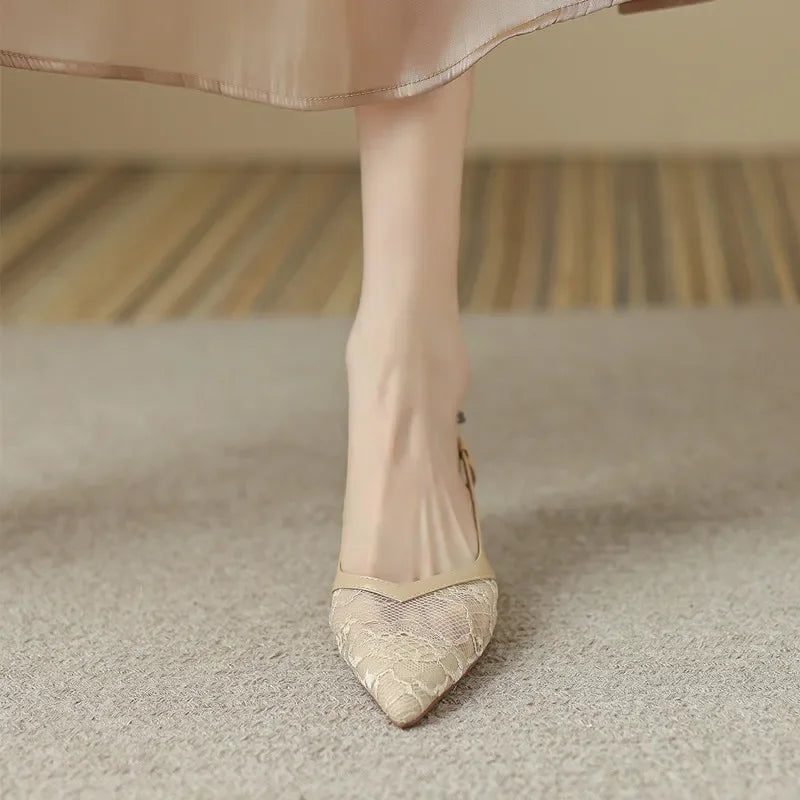 Lace Pointed Stiletto Summer New Back Empty Shoes Low Heel Pumps