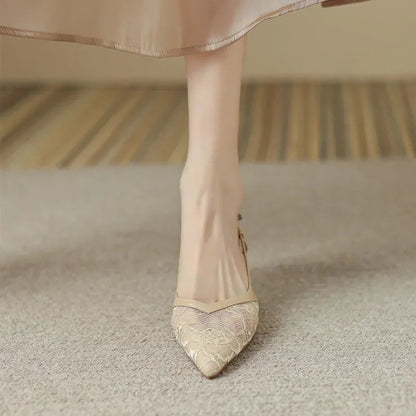 Lace Pointed Stiletto Summer New Back Empty Shoes Low Heel Pumps