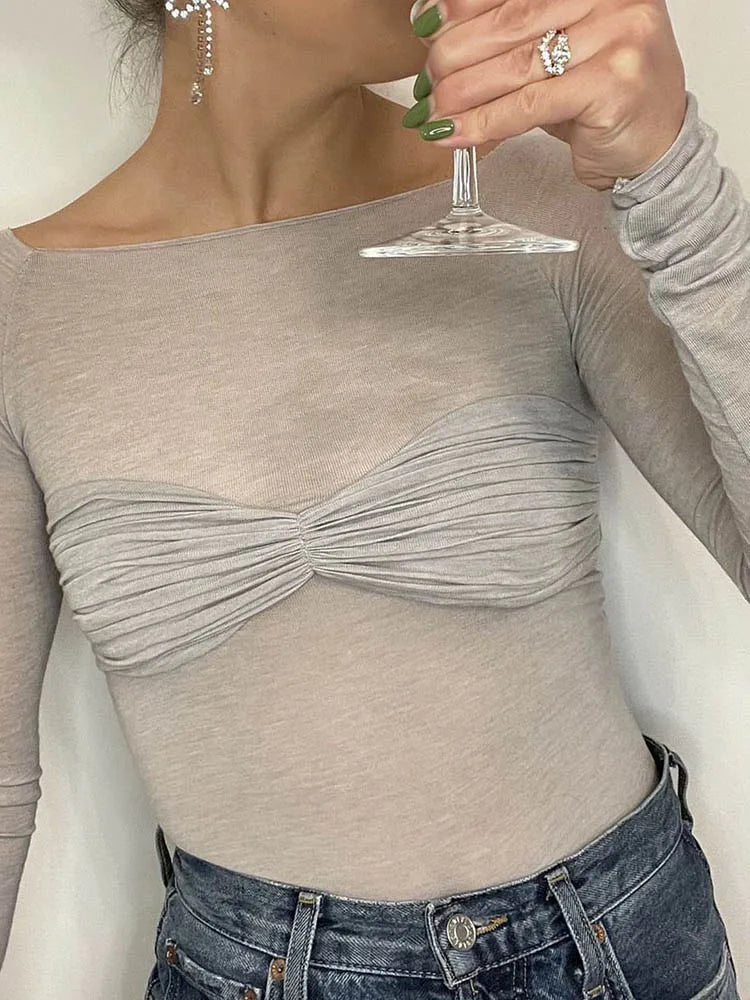 Long Sleeve Shoulder Gauze T-shirts Slim Versatile T-shirt Spring Female Off Shouler Tops