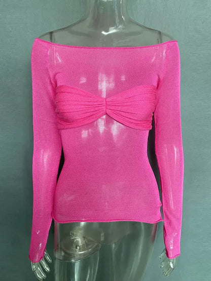 Long Sleeve Shoulder Gauze T-shirts Slim Versatile T-shirt Spring Female Off Shouler Tops