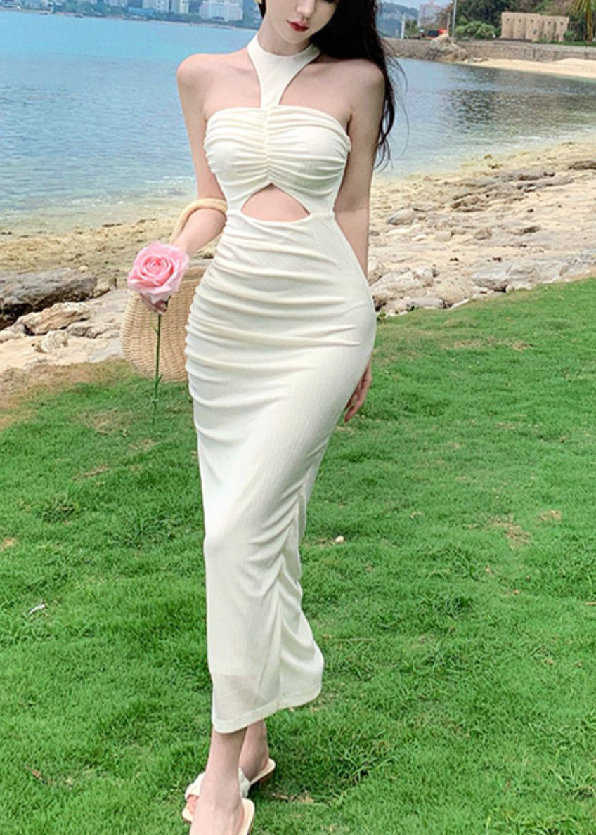Milk White Wrinkled Cold Shoulder Hollow Out Long Dress Summer Uu1054