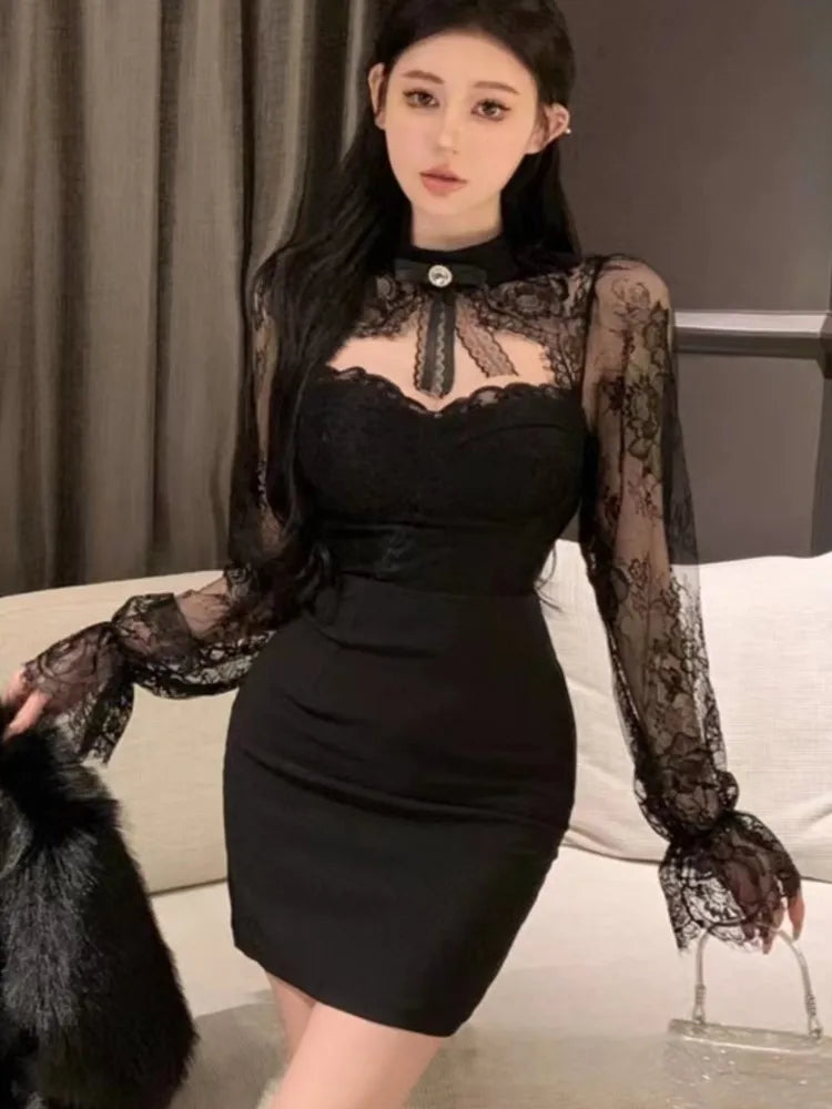 Mini Dress Lace Patchwork Flare Sleeve Hollow Out Autumn Spring Y2k Bodycon Wrap Hip Evening Party Vestidos Mujer New