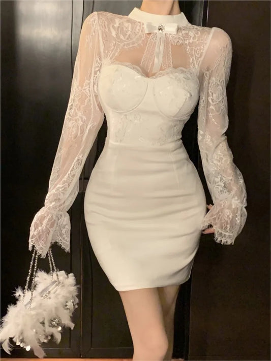 Mini Dress Lace Patchwork Flare Sleeve Hollow Out Autumn Spring Y2k Bodycon Wrap Hip Evening Party Vestidos Mujer New