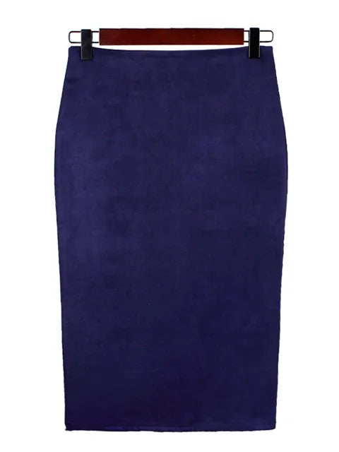 Suede Color Pencil Skirt Female Autumn Winter High Waist Bodycon Split Thick Stretchy Skirts
