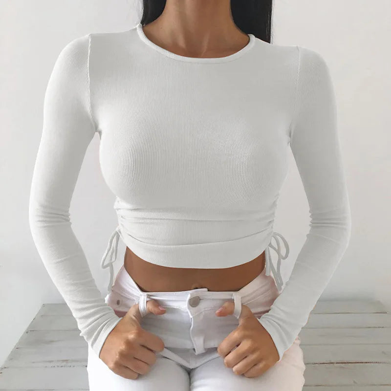O-neck Long Sleeve Bodycon Cropped Tops Autumn Irregular Drawstring Bandage Knitted T-shirt